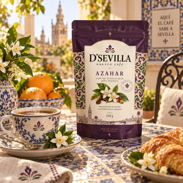 Café Azahar de D'Sevilla servido en una mesa de inspiración sevillana