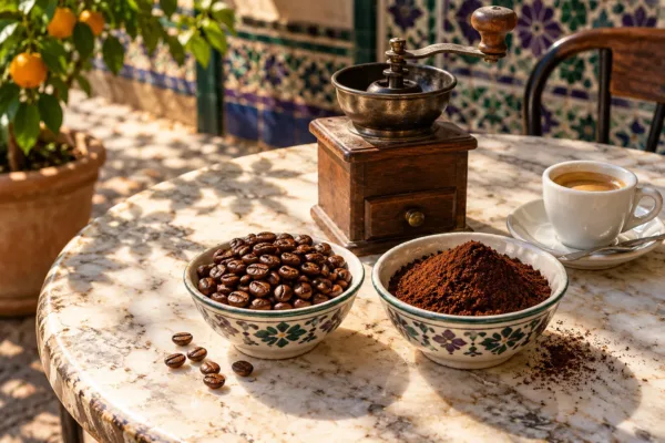 Café en grano y café molido en dos cuencos junto a un molino y una taza sobre una mesa sevillana