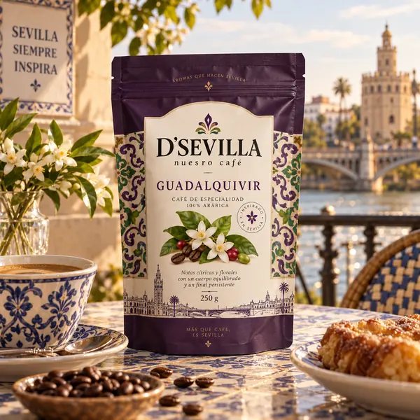 Café Guadalquivir de D'Sevilla servido con vistas al río Guadalquivir