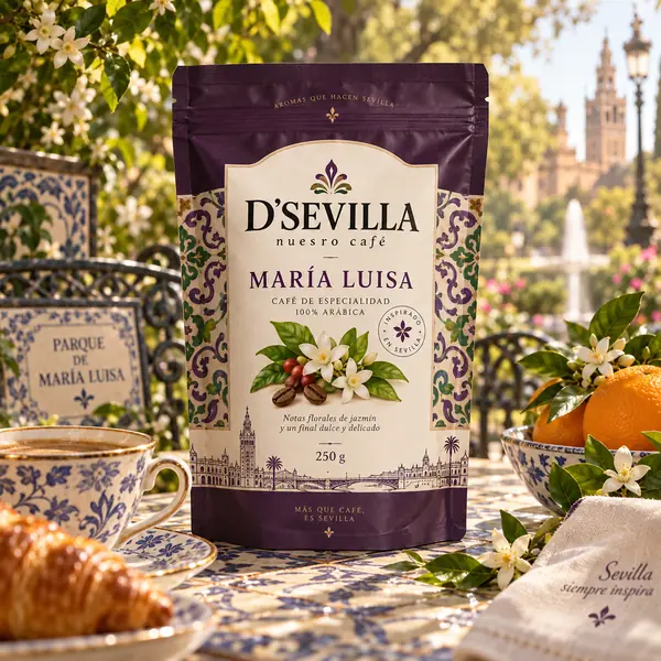 Café María Luisa de D'Sevilla en una mesa inspirada en el parque sevillano