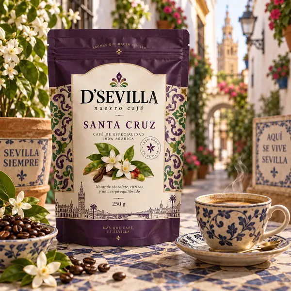 Café Santa Cruz de D'Sevilla con taza y calle del barrio de Santa Cruz