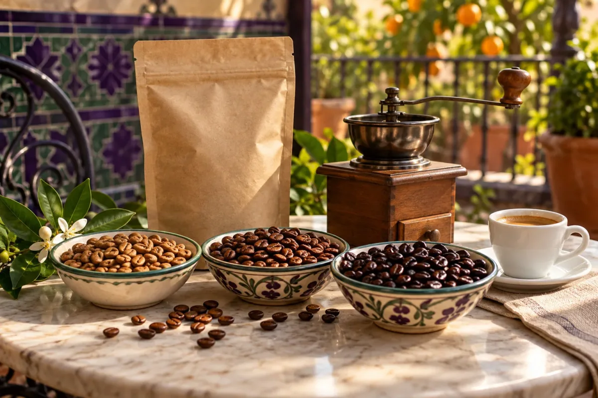 Tres niveles de tueste de café en cuencos junto a un molino y una taza sobre una terraza sevillana
