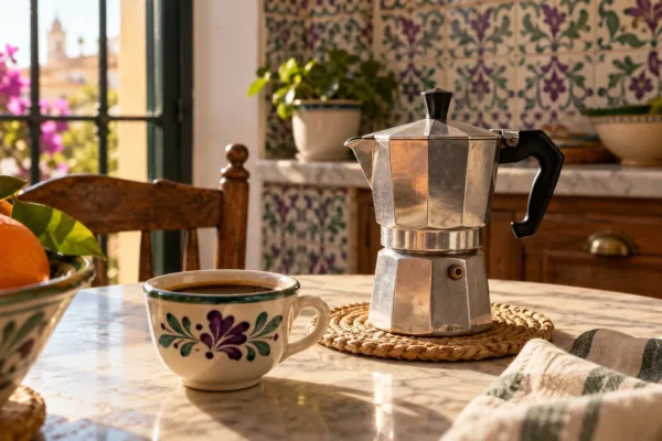 Cafetera italiana de aluminio y taza de café en una cocina sevillana con azulejos morados y verdes