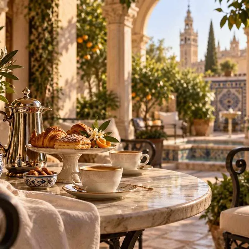 Mesa con café en un patio sevillano con vistas a la Giralda