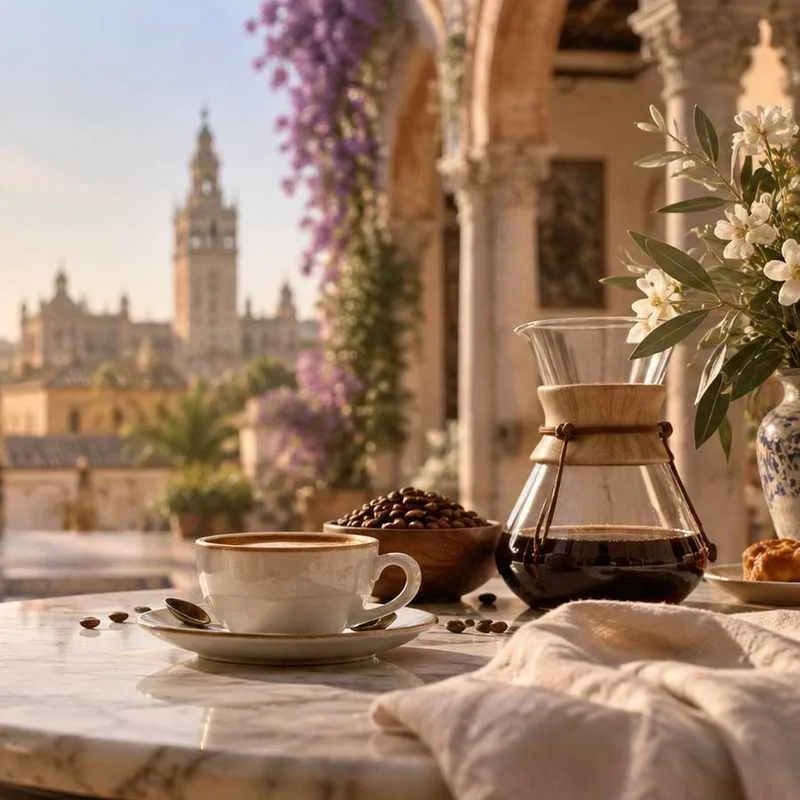 Detalle de una taza de café y cafetera en un patio sevillano