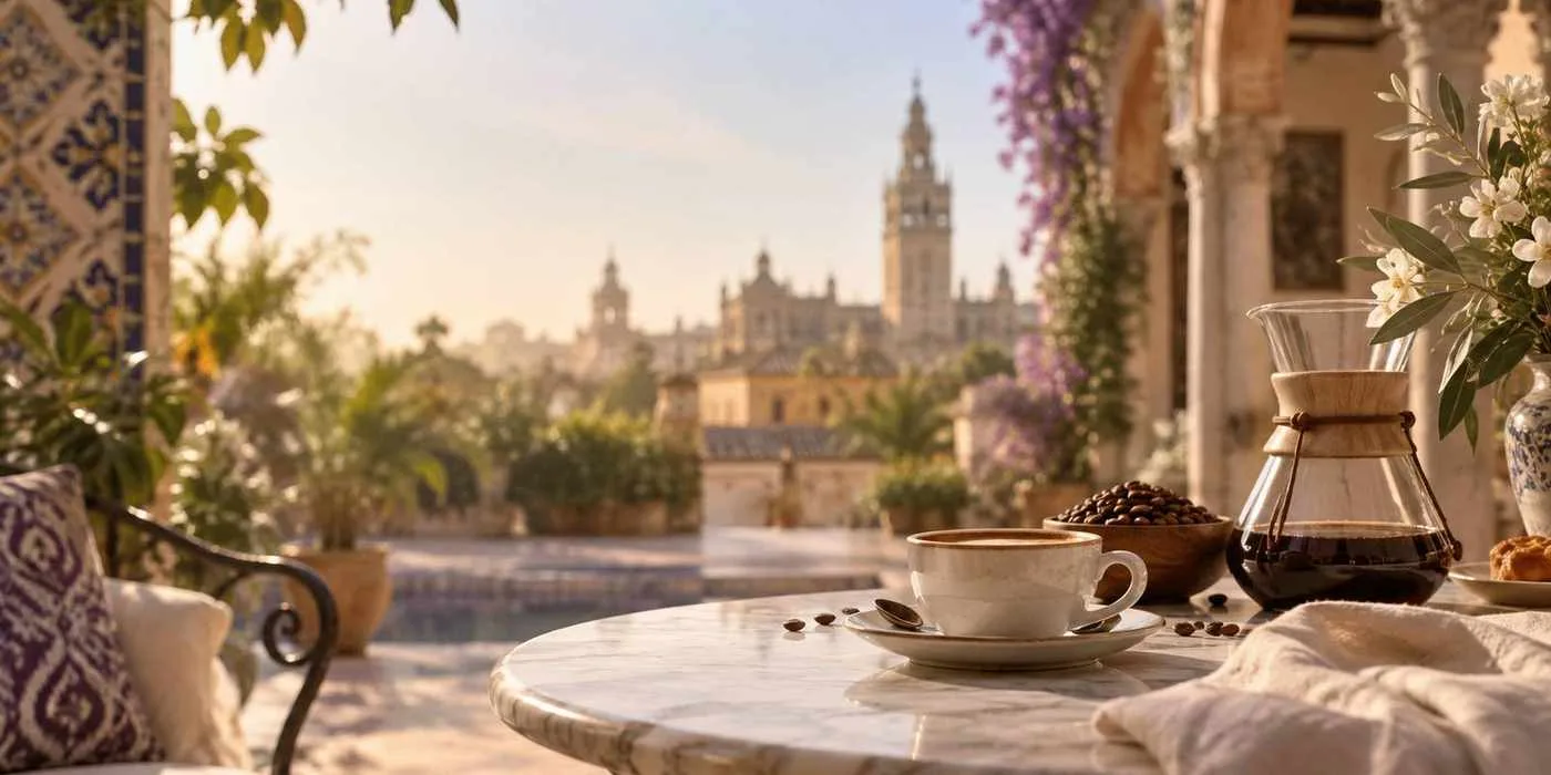 Café en un patio de Sevilla con la Giralda al fondo