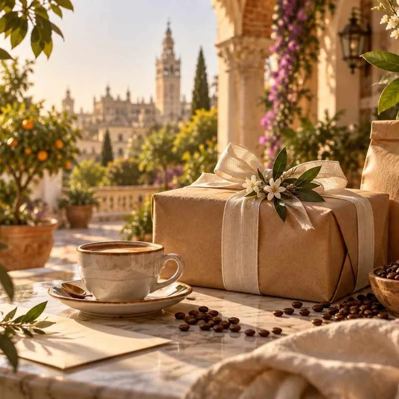 Café y regalo en un patio sevillano con la Giralda al fondo