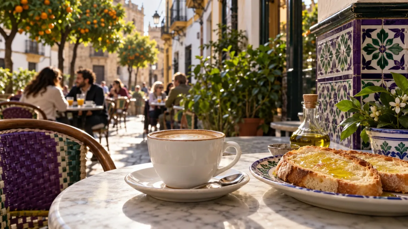 Café con leche y tostadas con aceite en una terraza de Sevilla con azulejos y naranjos
