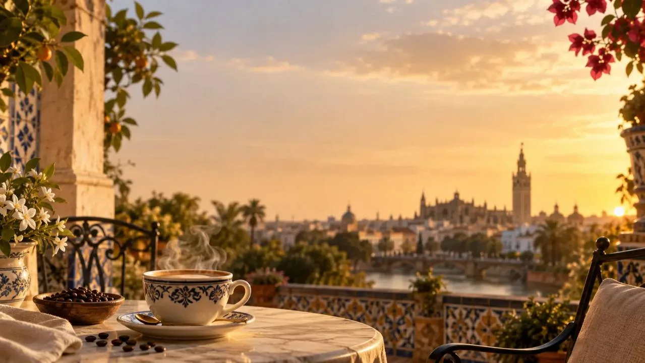 Taza de café en una terraza sevillana al atardecer con la Giralda al fondo
