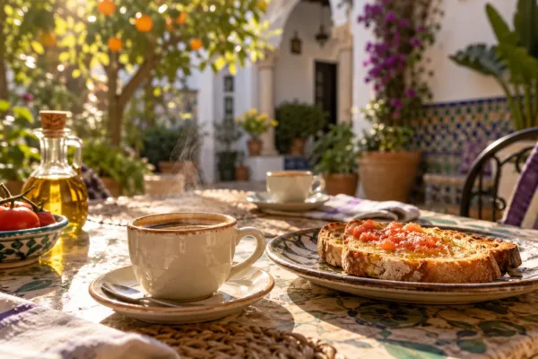 Dos tazas de café y tostada con tomate en un patio sevillano soleado con azulejos y naranjo